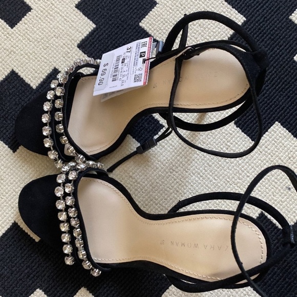 Zara Black Crystal rhinestone Ankle Strap Heels Sandals - Picture 9 of 10